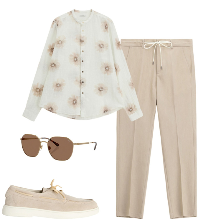 Outfit uomo - La coreana floreale. Stile Trendy per Serata speciale. Abbinamento con scarpe stringate, pantaloni, camicie, occhiali da sole.