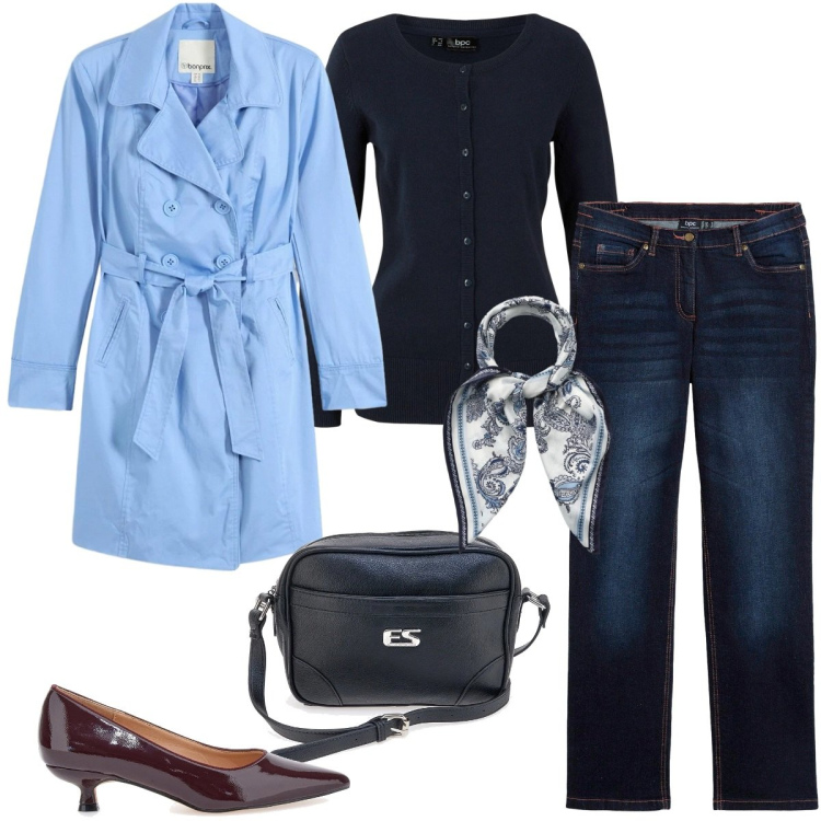 Outfit donna - Total look #2353756. Stile Urban per Ufficio. Abbinamento con trench, jeans dritti, cardigans, foulard, décolleté, borse a tracolla.