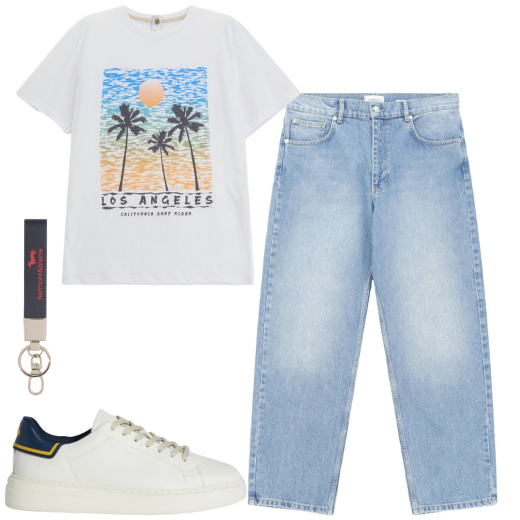 Outfit uomo - Marzo. Stile Casual per Tutti i giorni. Abbinamento con sneakers, portachiavi, t-shirt, jeans.