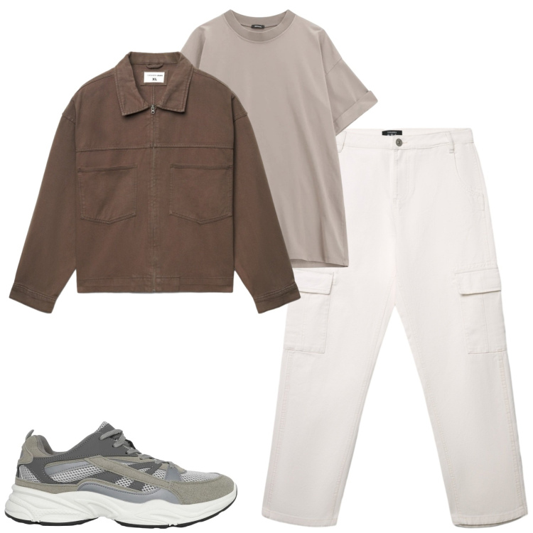 Outfit uomo - Marzo. Stile Urban per Tutti i giorni. Abbinamento con sneakers, pantaloni cargo, cappotti, t-shirt.