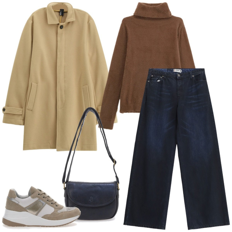 Outfit donna - Total look #2353762. Stile Urban per Ufficio. Abbinamento con trench, jeans, maglieria, sneakers, borse a tracolla.