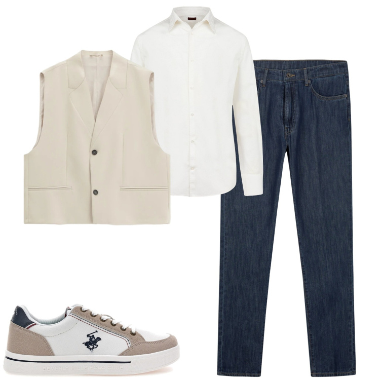 Outfit uomo - Marzo. Stile Urban per Tutti i giorni. Abbinamento con gilet, camicie, jeans, sneakers.