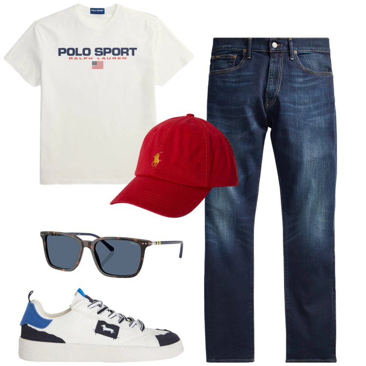 Outfit uomo - Total look #2353769. Stile Casual per Tutti i giorni. Abbinamento con sneakers, jeans, occhiali da sole, t-shirt, cappelli con visiera.