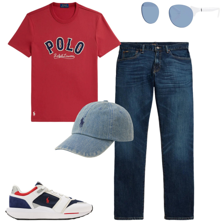 Outfit uomo - Marzo. Stile Casual per Tutti i giorni. Abbinamento con jeans dritti, occhiali da sole, t-shirt, sneakers, cappelli con visiera.