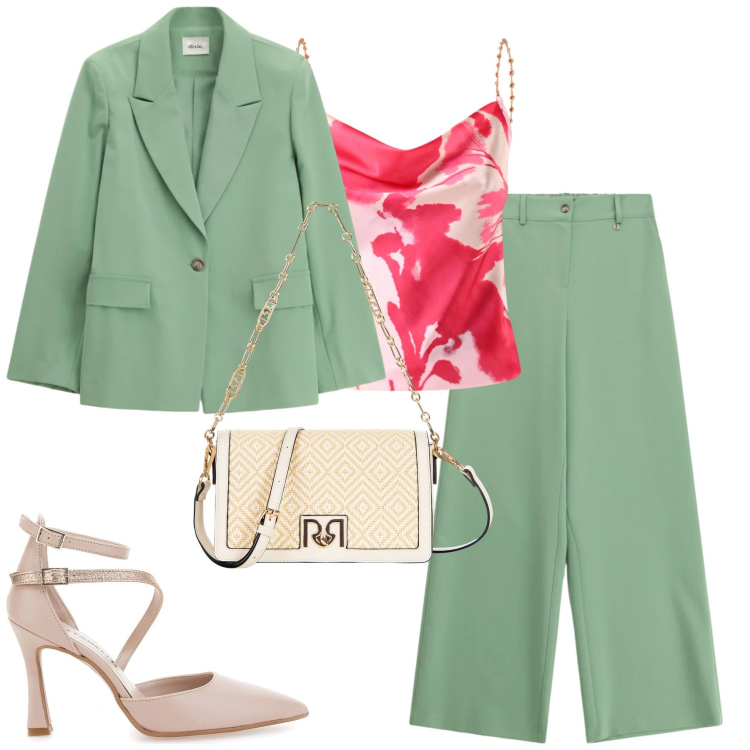 Outfit donna - Green. Stile Trendy per Tutti i giorni. Abbinamento con pantaloni a palazzo, blazer, borse a tracolla, canottiere, décolleté.