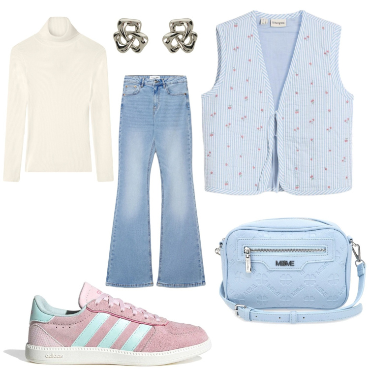 Outfit donna - Innamorati del celeste. Stile Casual per Tutti i giorni. Abbinamento con gilet, maglieria, jeans a zampa, orecchini, sneakers, borse a tracolla.