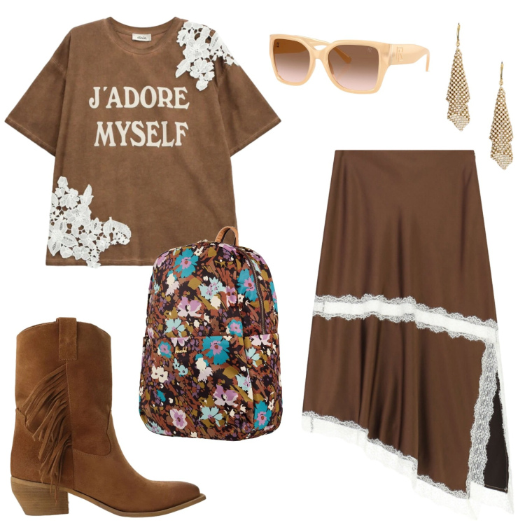 Outfit donna - Alternativo a modo mio. Stile Trendy per Tutti i giorni. Abbinamento con valigie, gonne longuette, t-shirt, stivali, occhiali da sole, orecchini.