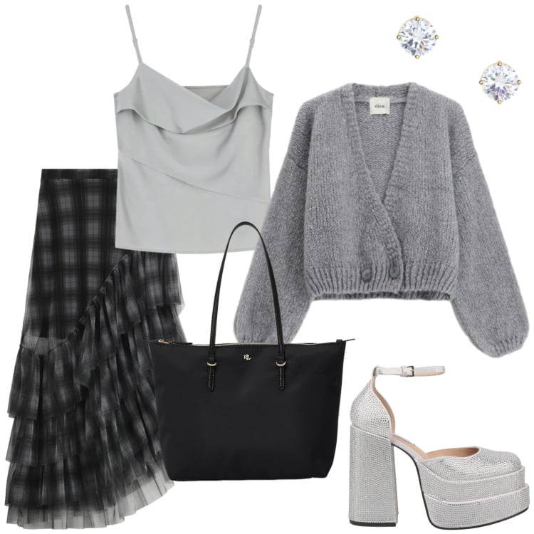 Outfit donna - Trendy total look. Stile Trendy per Tutti i giorni. Abbinamento con décolleté, canottiere, gonne longuette, cardigans, borse tote, orecchini.