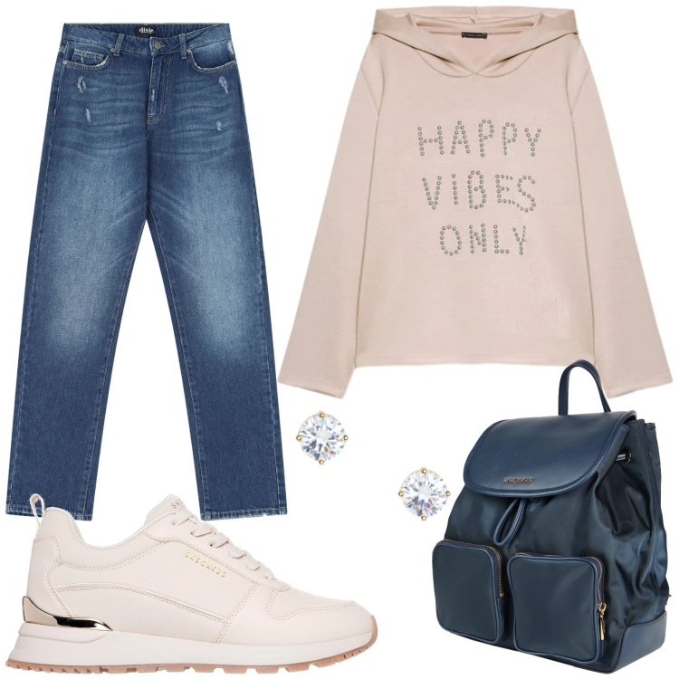 Outfit donna - Rosa cipria. Stile Casual per Tutti i giorni. Abbinamento con zaini, felpe con cappuccio, jeans dritti, orecchini, sneakers.