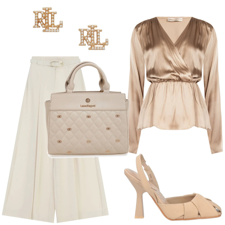 Outfit donna - Total look Ufficio. Stile Glamour per Cerimonia. Abbinamento con décolleté, pantaloni a palazzo, bluse, orecchini, borse a mano.