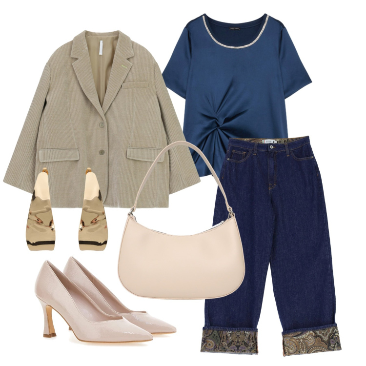 Outfit donna - Marzo. Stile Glamour per Tutti i giorni. Abbinamento con blazer, borse a tracolla, bluse, orecchini, jeans, décolleté.