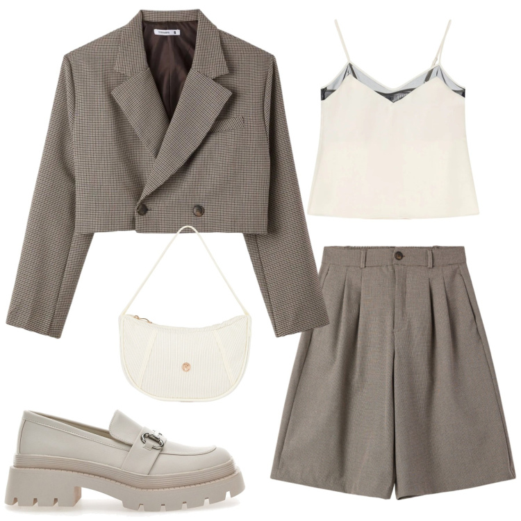 Outfit donna - Soft Power Chic. Stile Minimal per Ufficio. Abbinamento con bermuda, blazer, top, borse a mano, portafogli, mocassini.