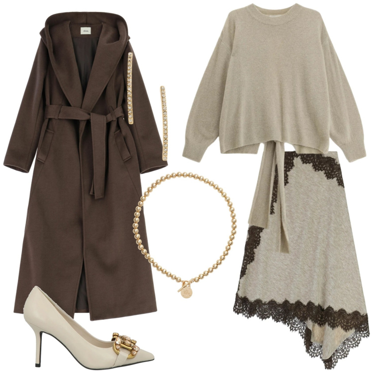 Outfit donna - Total look. Stile Trendy per Serata fuori. Abbinamento con décolleté, gonne lunghe, maglieria, cappotti, collane, orecchini.