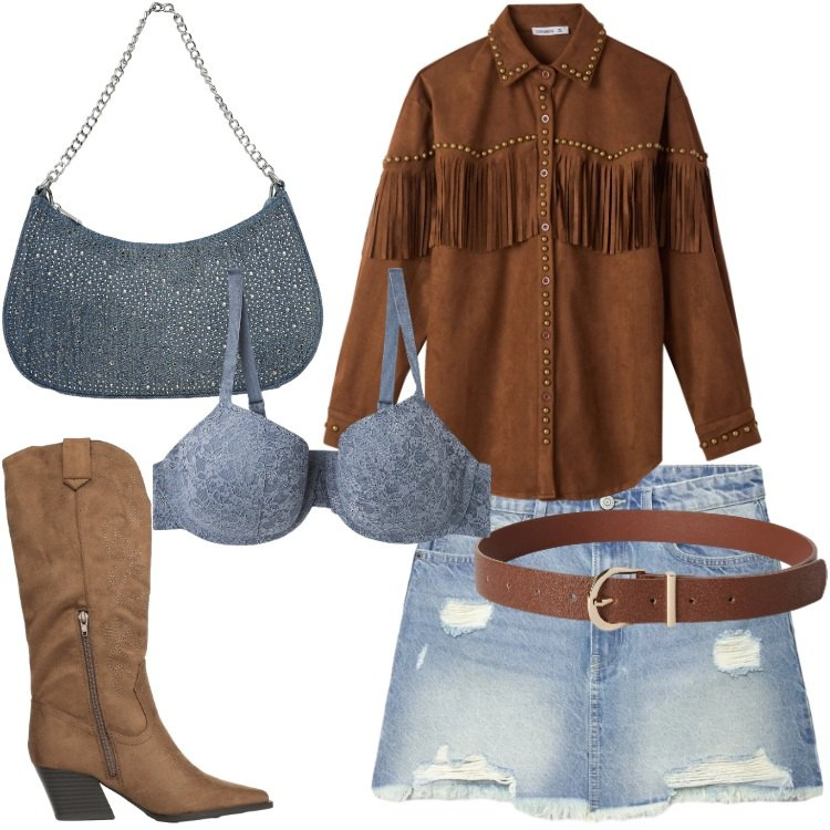 Outfit donna - Terranova - Desert Code. Stile Trendy per Serata fuori. Abbinamento con reggiseni, cinture, stivali, borse a tracolla, minigonne, camicie.