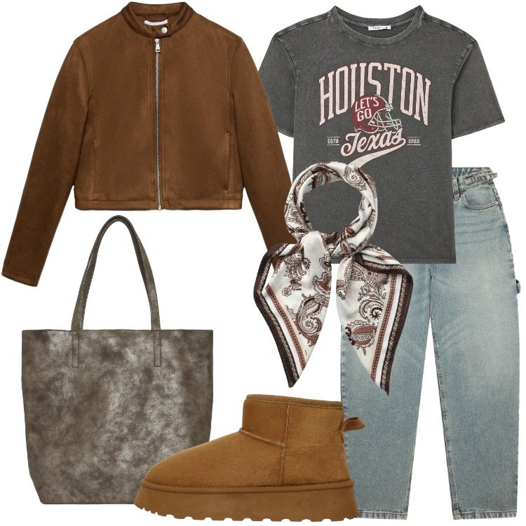 Outfit donna - Terranova - Desert Code. Stile Trendy per Tutti i giorni. Abbinamento con t-shirt, stivali, shopping bag, jeans, foulard, giacche.