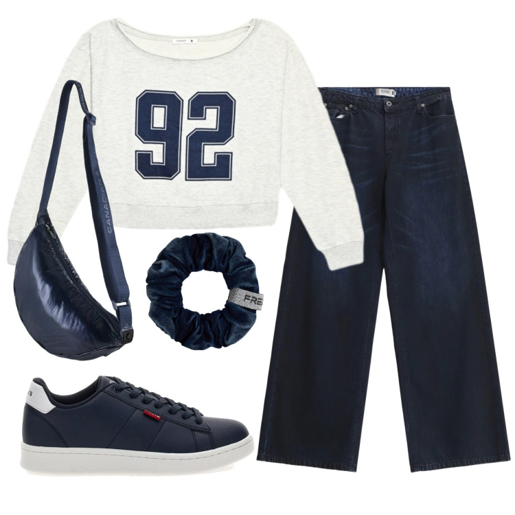 Outfit donna - Total look #2353844. Stile Casual per Scuola/Università. Abbinamento con felpe, accessori per capelli, jeans, borse a tracolla, sneakers.