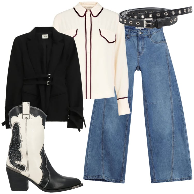 Outfit donna - Animo country con colletto. Stile Trendy per Tutti i giorni. Abbinamento con stivaletti texani, cinture, blazer, jeans, camicie.