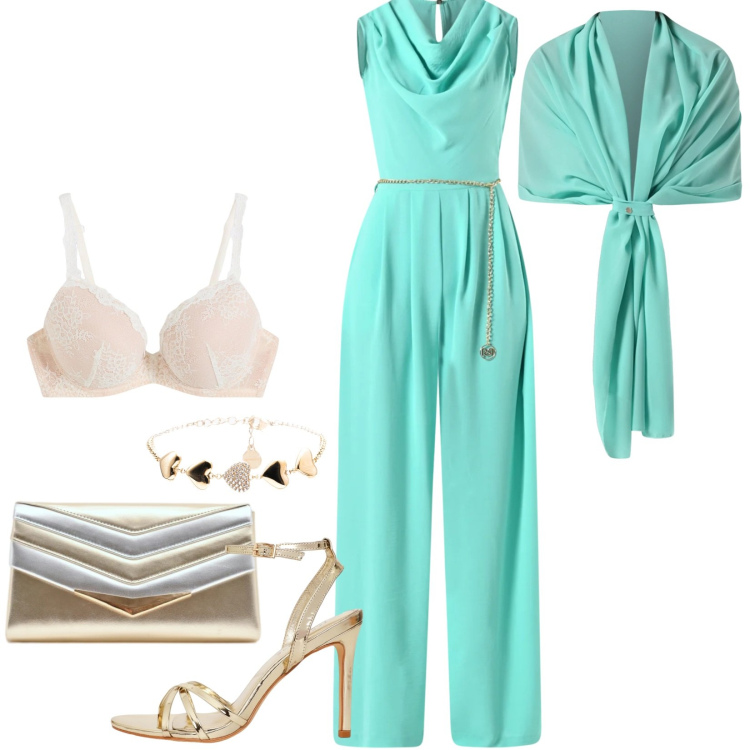 Outfit donna - Verde acqua. Stile Chic per Cerimonia. Abbinamento con reggiseni, sandali col tacco, braccialetti, pochette, tute, scialli.