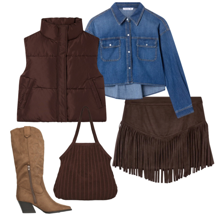 Outfit donna - Terranova Desert Code. Stile Sporty chic per Tutti i giorni. Abbinamento con piumini, camicie, stivali, shopping bag, minigonne.