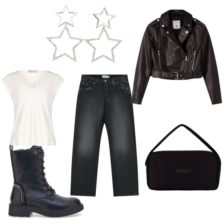 Outfit donna - Total look #2353851. Stile Casual chic per Tutti i giorni. Abbinamento con orecchini, giacche, jeans dritti, borse a mano, bluse, anfibi.