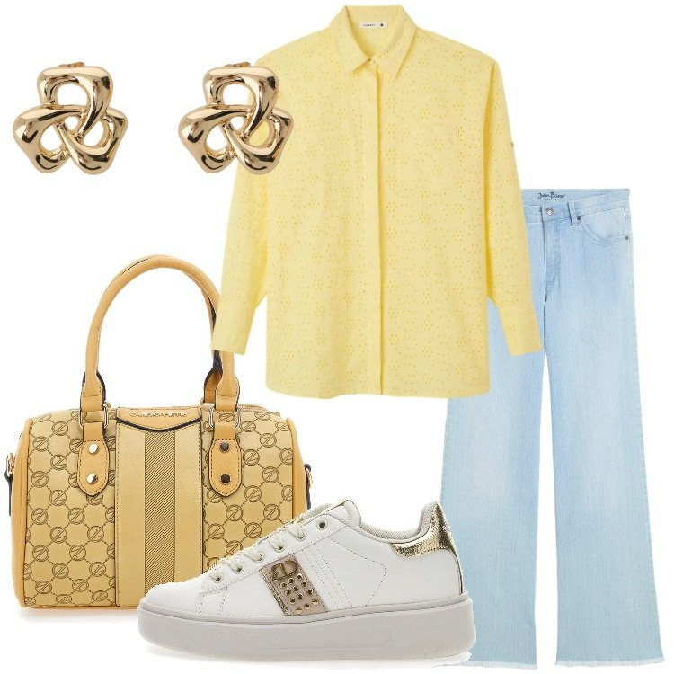 Outfit donna - Women\'s day. Stile Casual per Tutti i giorni. Abbinamento con jeans, camicie, orecchini, sneakers, borse a spalla.