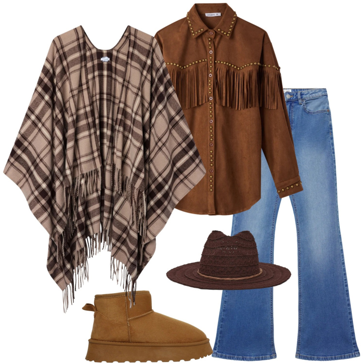 Outfit donna - Terranova Desert Code. Stile Casual per Tutti i giorni. Abbinamento con jeans a zampa, cappotti, stivali, cappelli, camicie.