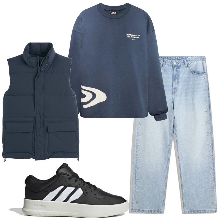 Outfit hombre - Casual look. Estilo Casual para Todos los días. Combinación con camiseta, chalecos, vaqueros, sneakers.