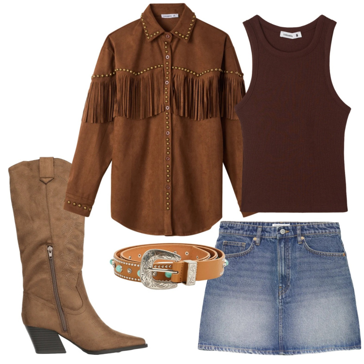 Outfit donna - Parcheggio il cavallo. Stile Trendy per Tutti i giorni. Abbinamento con camicie, canottiere, cinture, stivali, minigonne.