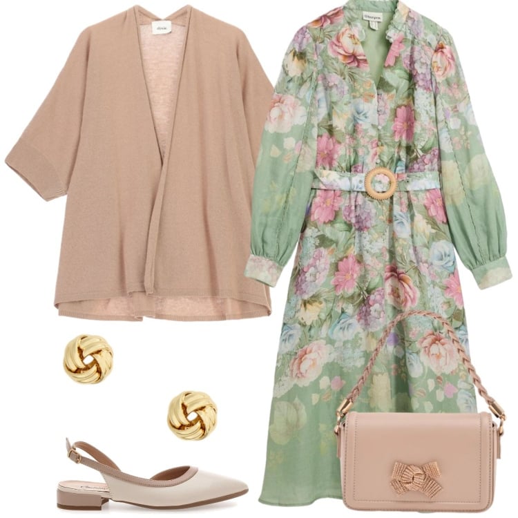 Outfit donna - Total look #2353869. Stile Romantica per Tutti i giorni. Abbinamento con vestiti midi/longuette, pochette, orecchini, cardigans, ballerine.