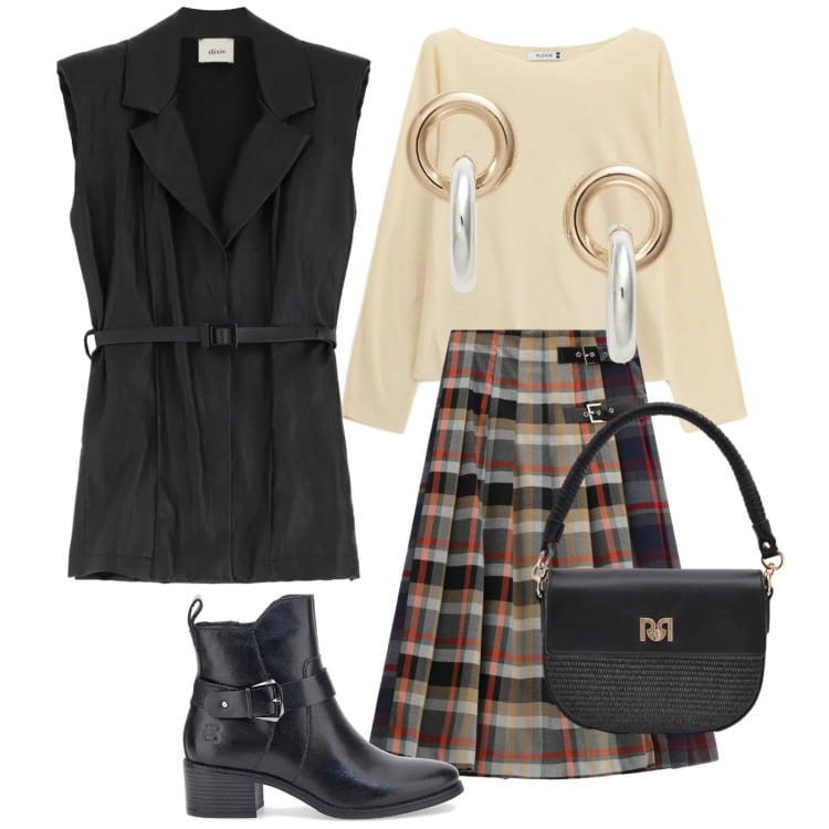 Outfit donna - Smanicato. Stile Trendy per Tutti i giorni. Abbinamento con maglieria, borse a spalla, orecchini, gilet, gonne lunghe, stivali sopra il ginocchio.
