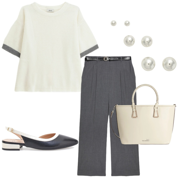 Outfit donna - Total look #2353876. Stile Bon Ton per Ufficio. Abbinamento con shopping bag, pantaloni, maglieria, orecchini, ballerine.