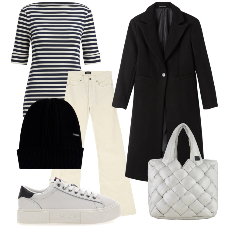 Outfit donna - Total look #2353881. Stile Casual per Tutti i giorni. Abbinamento con cappotti, jeans, berretti, borse tote, t-shirt, sneakers.