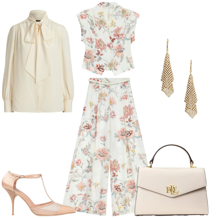 Outfit donna - Total look #2353884. Stile Romantica per Cerimonia. Abbinamento con décolleté, pantaloni a palazzo, gilet, borse a mano, camicie, orecchini.