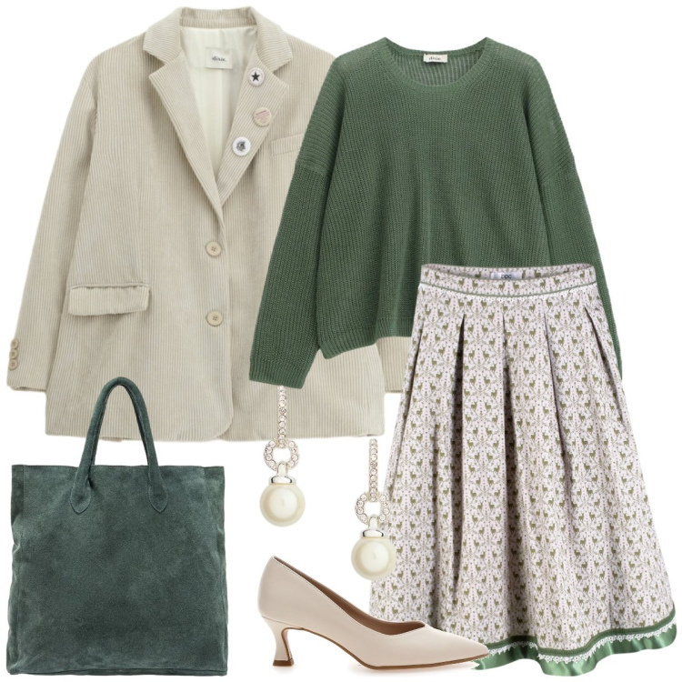 Outfit donna - Total look #2353889. Stile Casual chic per Tutti i giorni. Abbinamento con gonne longuette, maglieria, blazer, orecchini, décolleté, borse a mano.