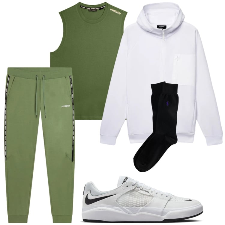 Outfit uomo - Total look #2353890. Stile Casual per Sport. Abbinamento con felpe con cappuccio, pantaloni sportivi, canottiere, calzini, sneakers.