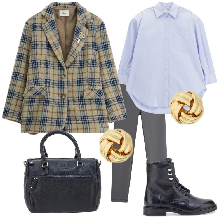 Outfit donna - Il tuo blazer. Stile Trendy per Tutti i giorni. Abbinamento con blazer, camicie, leggings, orecchini, anfibi, borse a tracolla.