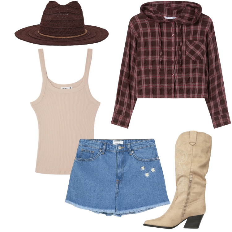 Outfit donna - Desert Sun & Denim Soul. Stile Casual per Tutti i giorni. Abbinamento con cappelli, shorts, camicie, stivali, canottiere.