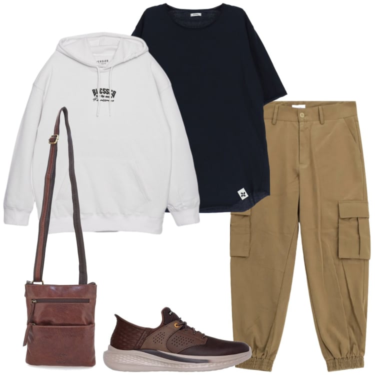 Outfit uomo - Mattina in giro. Stile Casual per Tutti i giorni. Abbinamento con felpe con cappuccio, pantaloni cargo, t-shirt, portafogli, sneakers.