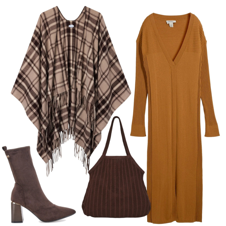 Outfit donna - Total look #2353902. Stile Etnico per Ufficio. Abbinamento con vestiti, cappotti, shopping bag, stivaletti.