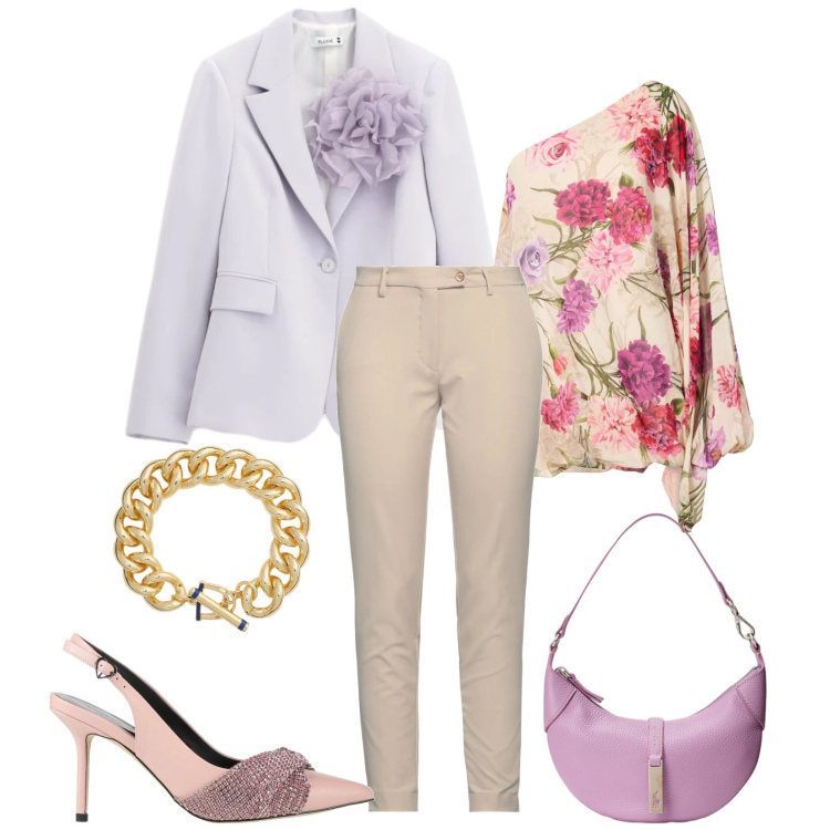 Outfit donna - Total look #2353905. Stile Romantica per Cerimonia. Abbinamento con top, pantaloni, décolleté, blazer, borse a spalla, braccialetti.