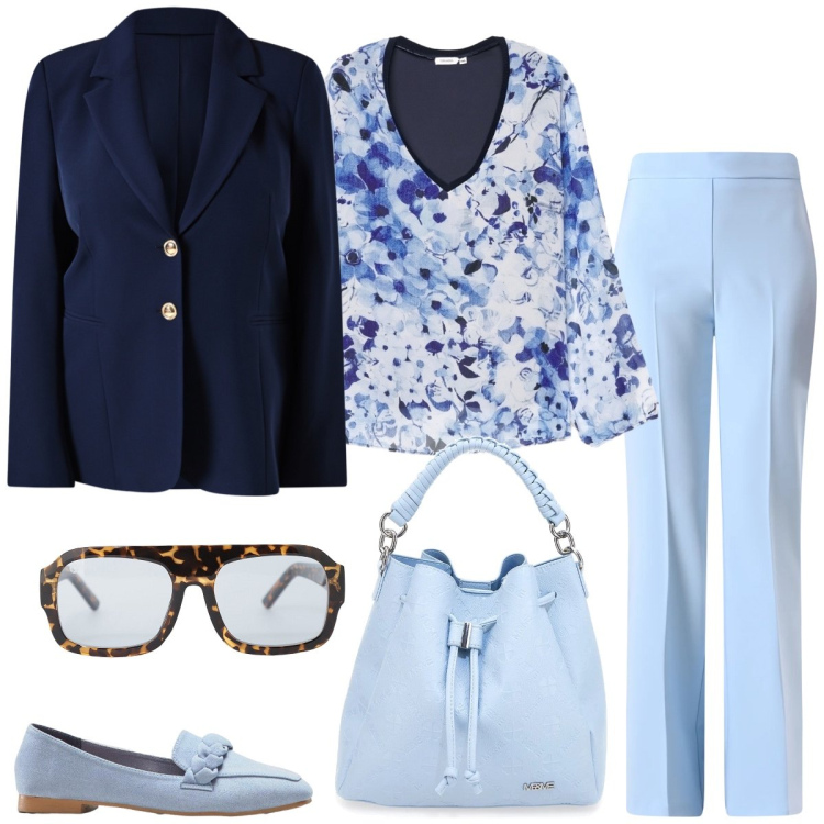 Outfit donna - Total look #2353909. Stile Chic per Ufficio. Abbinamento con mocassini, occhiali da sole, bluse, pantaloni, blazer, borse a secchiello.