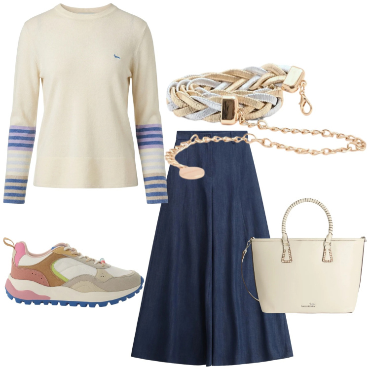 Outfit donna - Total look #2353911. Stile Glamour per Tutti i giorni. Abbinamento con shopping bag, pullovers, pantaloni a palazzo, sneakers, cinture.