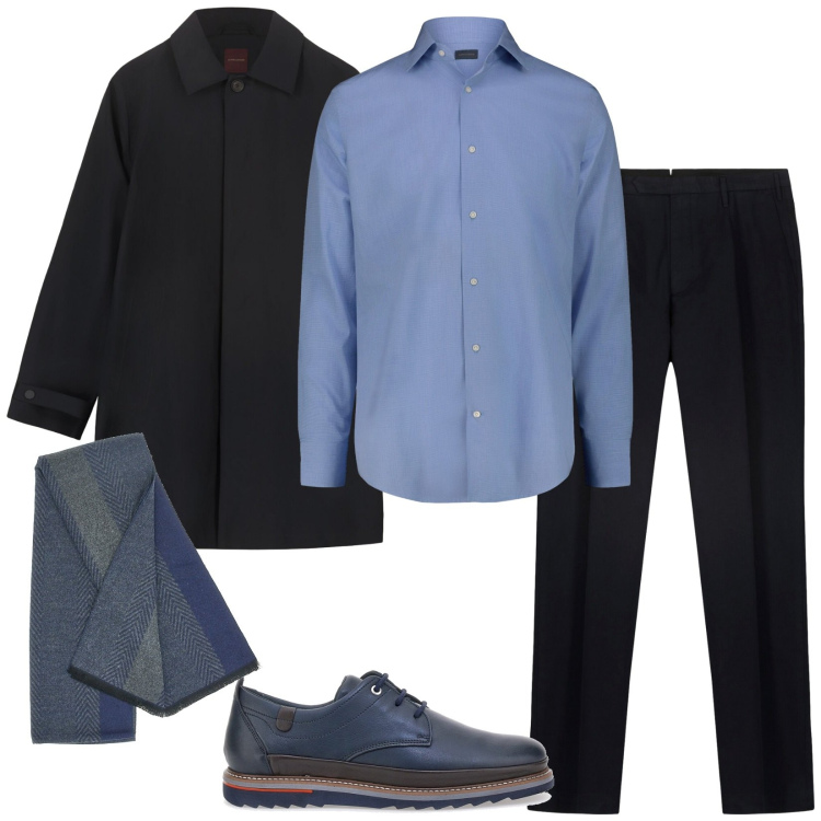 Outfit uomo - In blu. Stile Casual per Tutti i giorni. Abbinamento con scarpe stringate, parka, sciarpe, camicie, pantaloni.