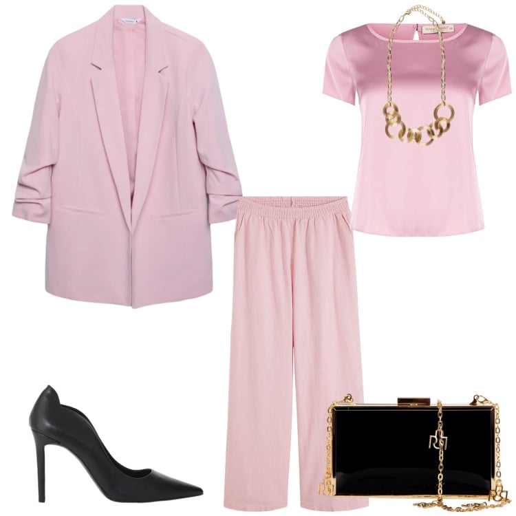 Outfit donna - Total look #2353915. Stile Romantica per Cerimonia. Abbinamento con pantaloni a palazzo, collane, blazer, bluse, pochette, décolleté.