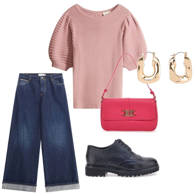 Outfit donna - Total look #2353919. Stile Basic per Ufficio. Abbinamento con maglieria, orecchini, jeans, scarpe stringate, borse a spalla.