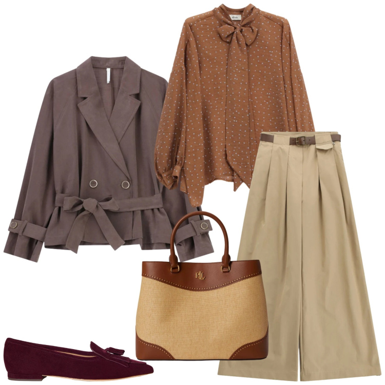 Outfit donna - Total look #2353923. Stile Glamour per Ufficio. Abbinamento con blazer, camicie, pantaloni a palazzo, ballerine, borse a mano.