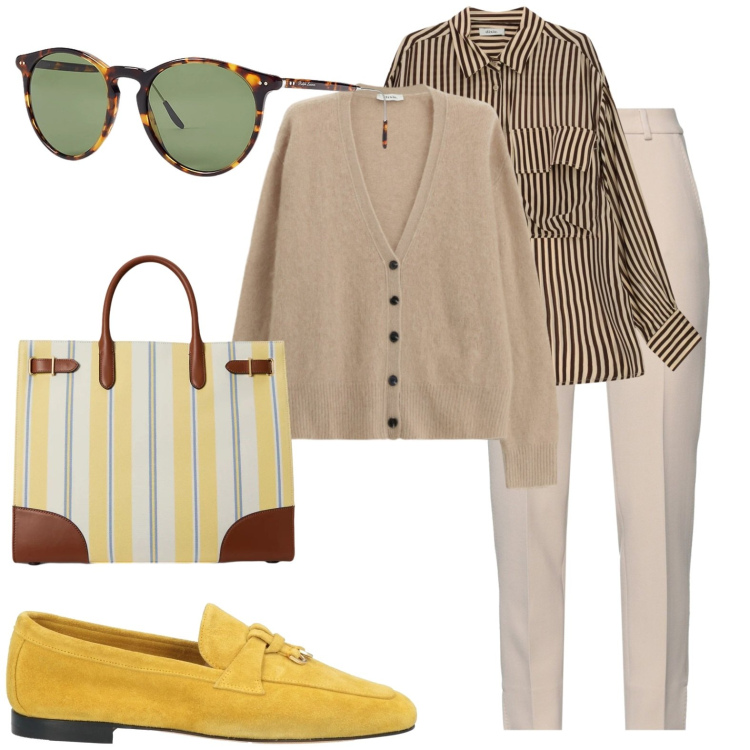 Outfit donna - Giallo primavera. Stile Casual chic per Tutti i giorni. Abbinamento con mocassini, pantaloni, camicie, cardigans, occhiali da sole, borse tote.