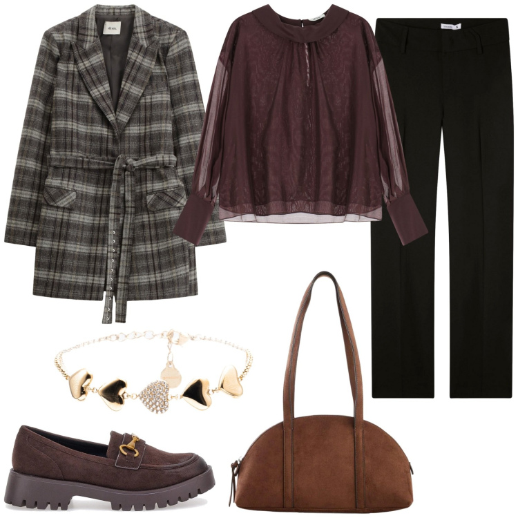 Outfit donna - Blazer di primavera. Stile Casual chic per Ufficio. Abbinamento con borse a tracolla, pantaloni, blazer, camicie, braccialetti, mocassini.