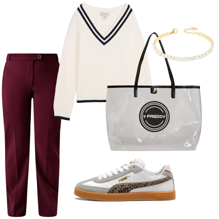 Outfit donna - Total look #2353929. Stile Glamour per Tutti i giorni. Abbinamento con maglieria, pantaloni, shopping bag, braccialetti, sneakers.
