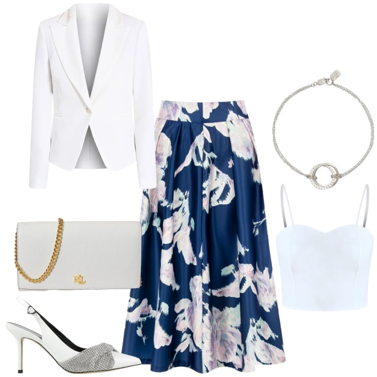 Outfit donna - Total look #2353930. Stile Bon Ton per Cerimonia. Abbinamento con décolleté, blazer, top, gonne longuette, braccialetti, borse a tracolla.